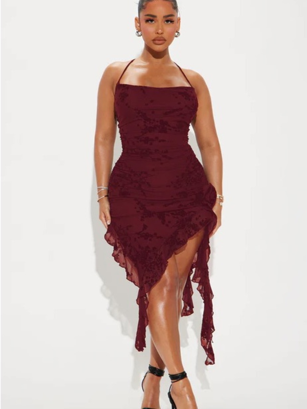 Fashion Nova Burgundy Halter Asymmetric Ruffle Dress